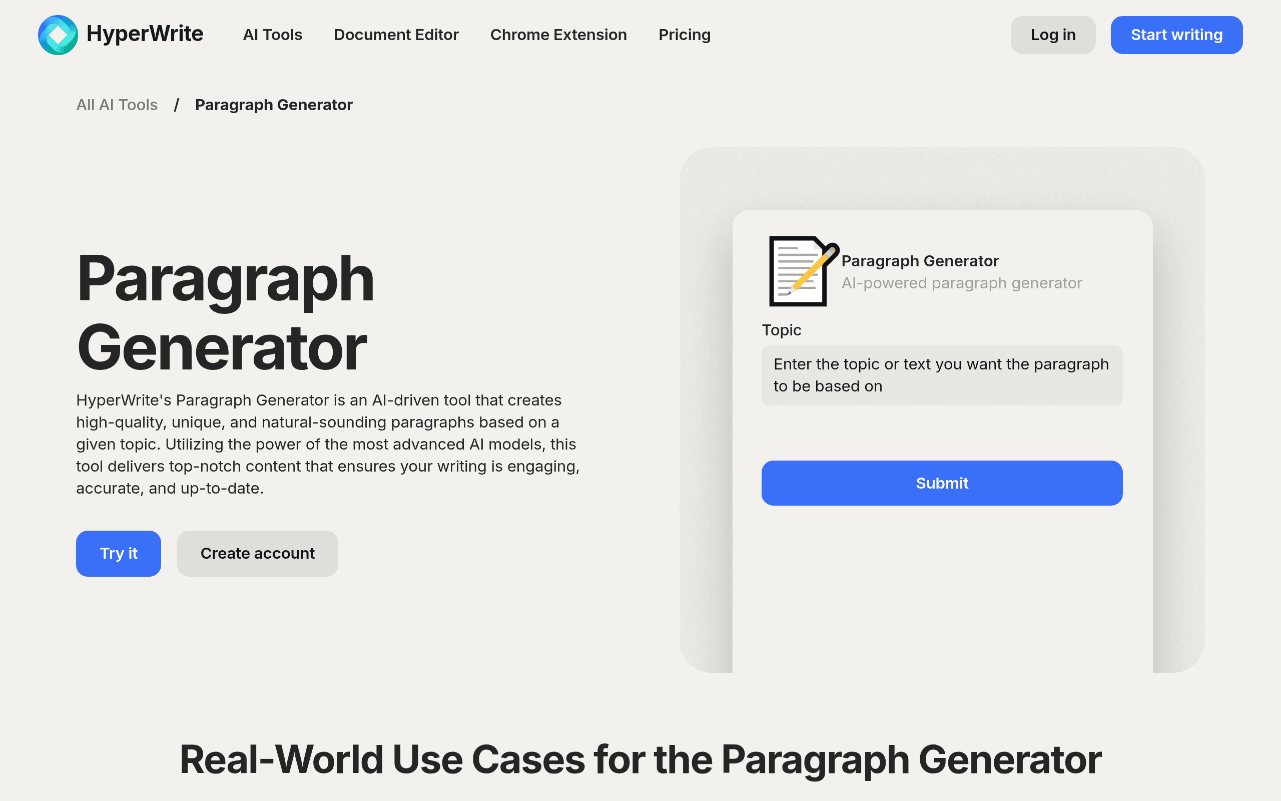 HyperWrite Paragraph Generator
